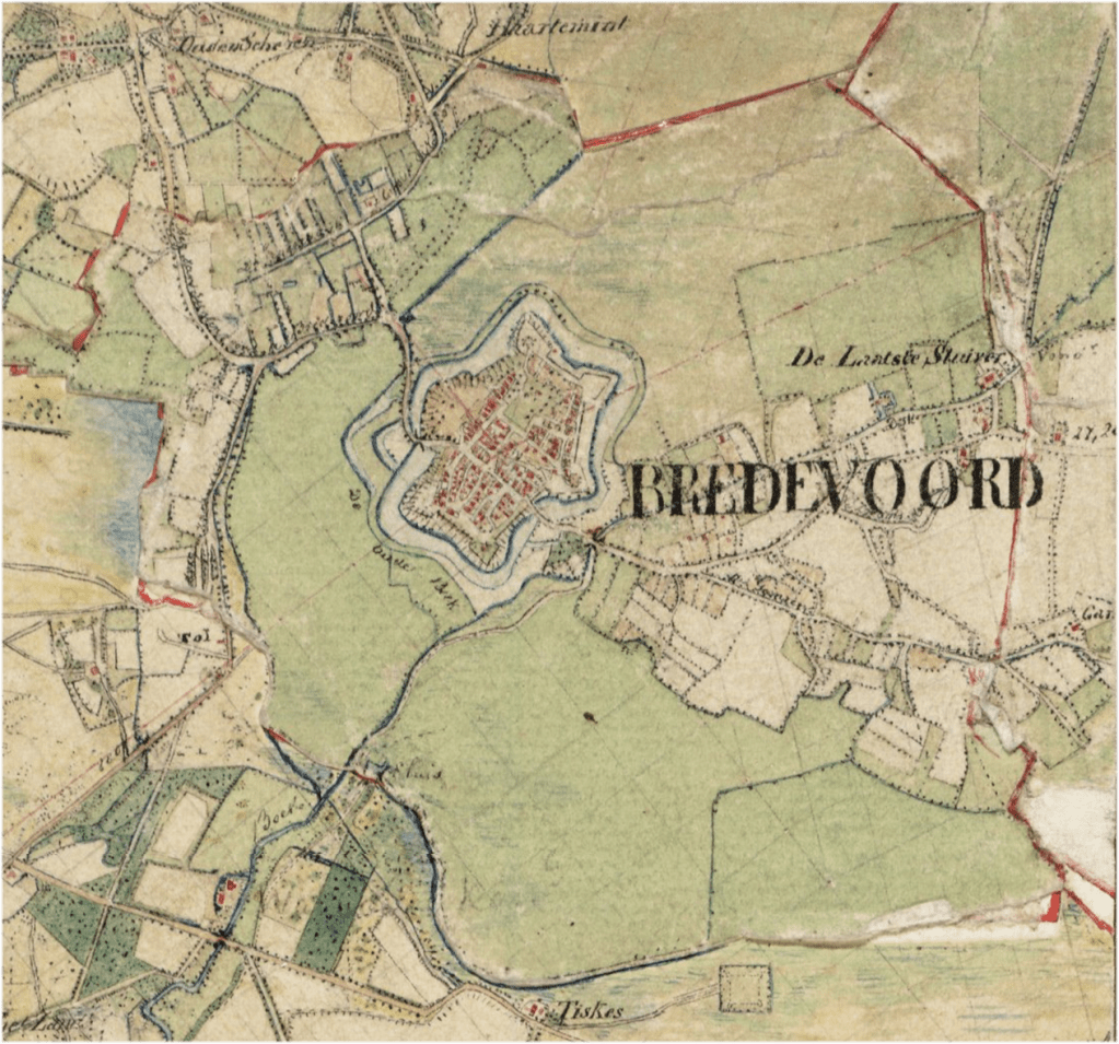 Historic map showing fortified town of Bredevoord surrounded by water and nearby roads and fields
