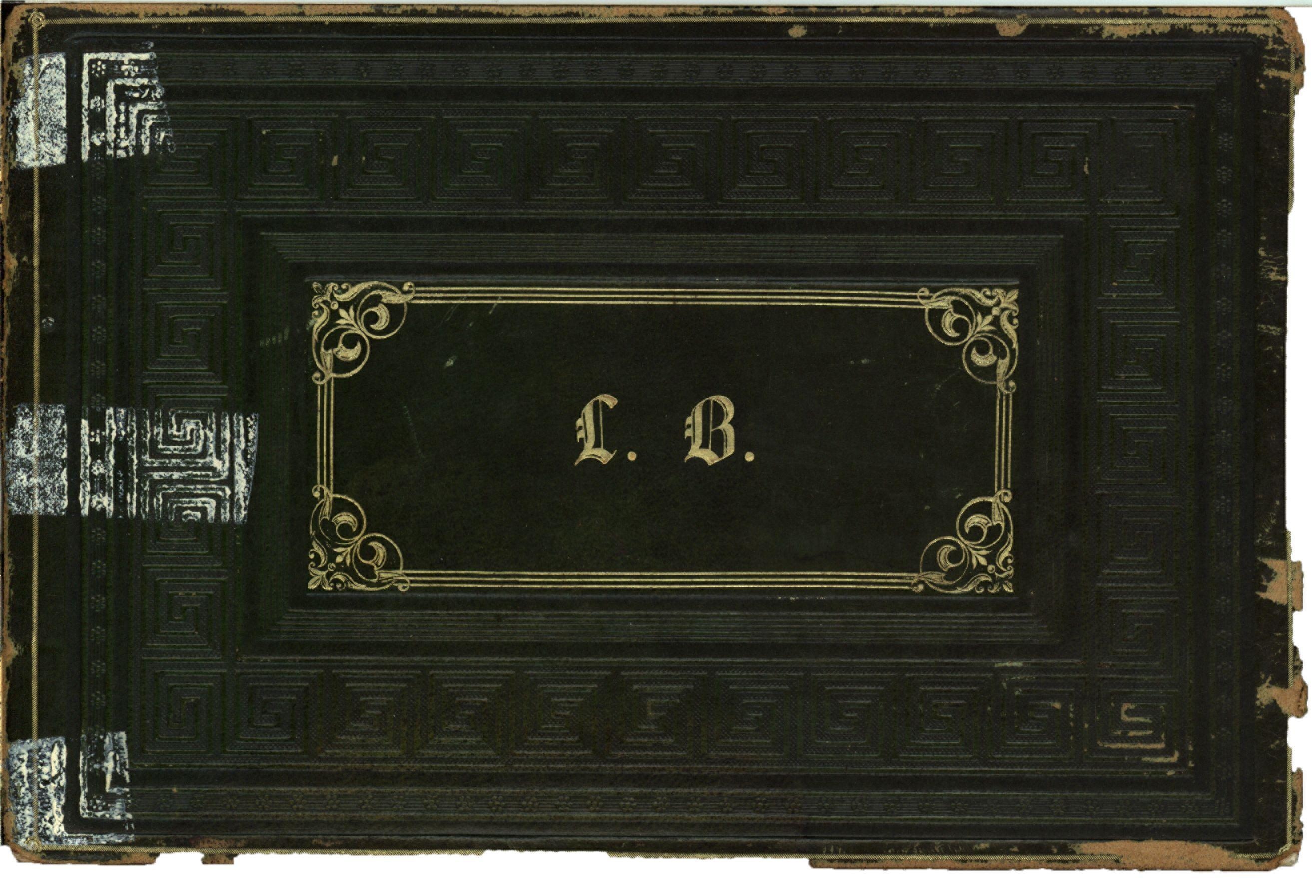Dark brown cover of the Brevoort Commonplace Book with gold decorative border and initials L. B.