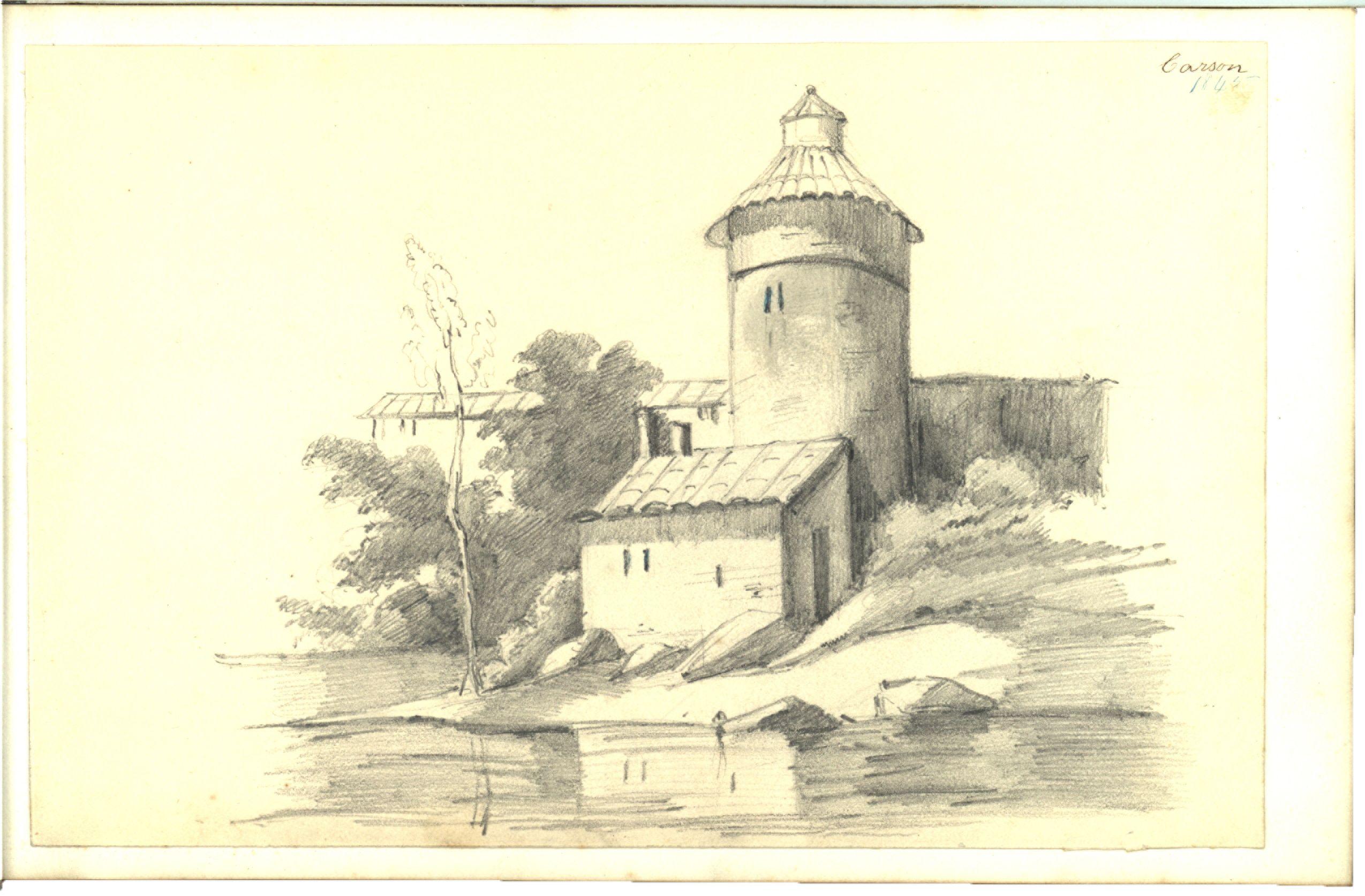 Photograph of a pencil sketch in the 1837 Brevoort Commonplace Book by Carson.of a round tower with a conical roof and surrounding buildings near water with trees and rocks