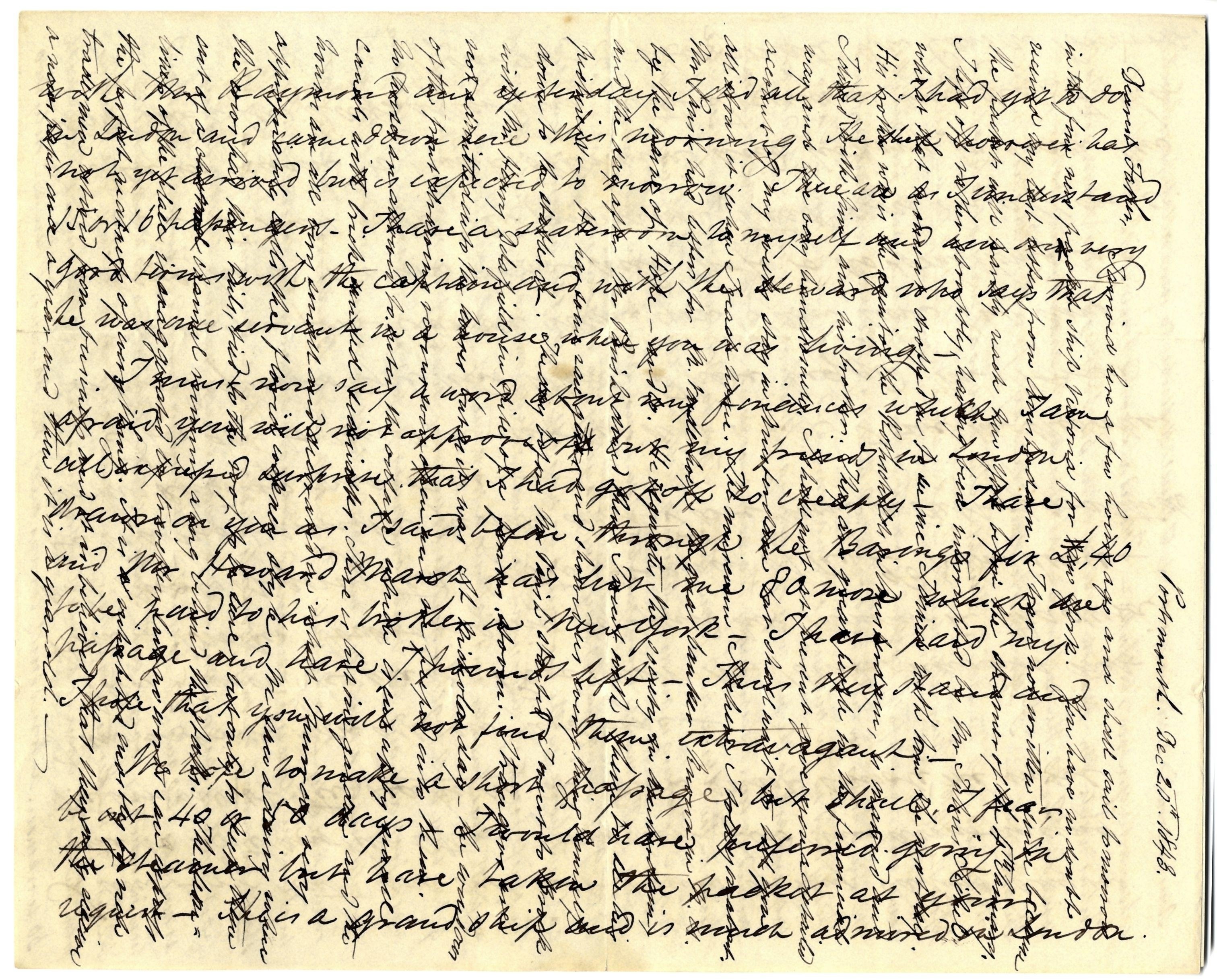 Carson_Portsmouth_18431220_1B A handwritten letter with dense cursive writing written both horizontally and vertically on aged paper