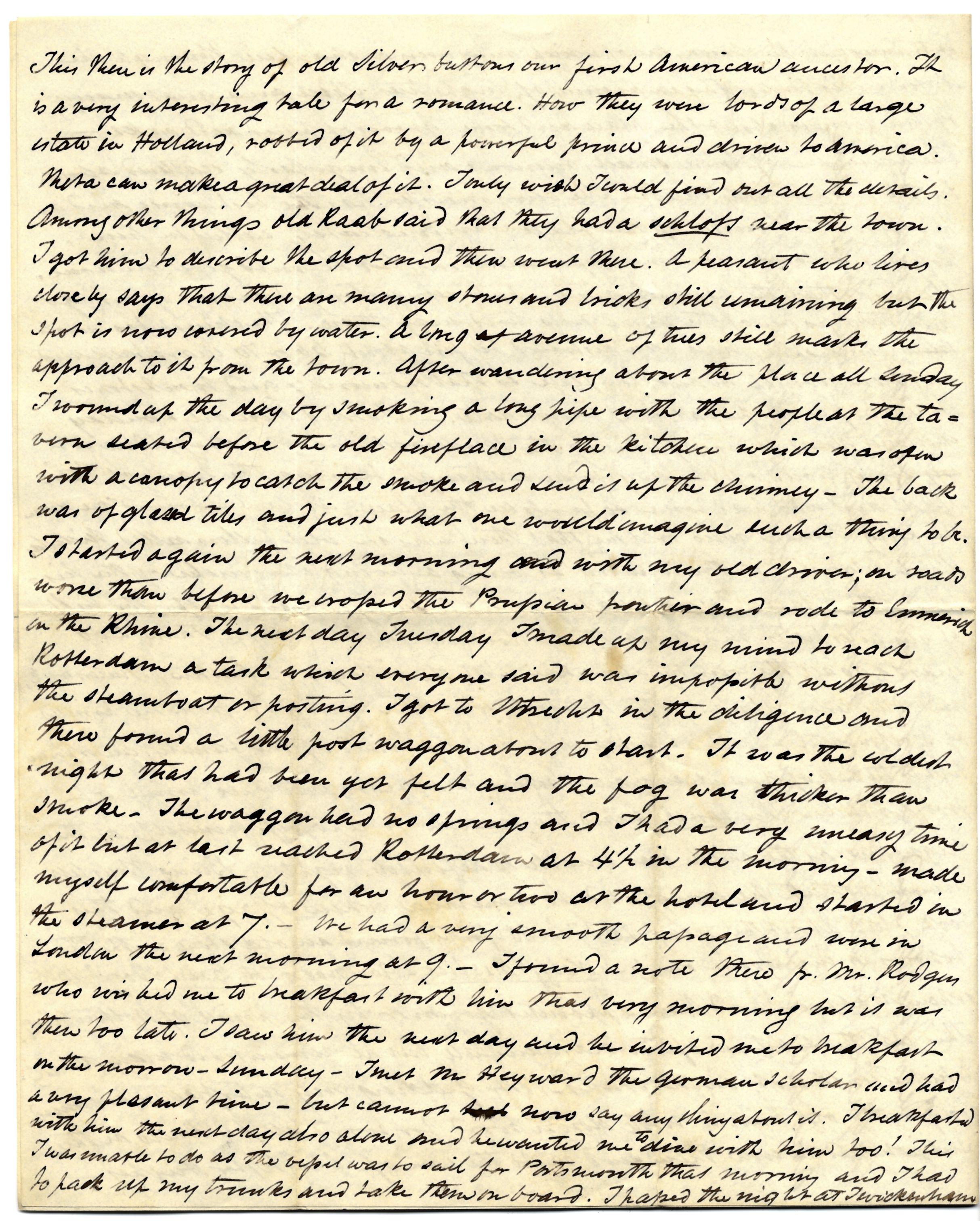 Carson_Portsmouth_18431220_4 Handwritten letter describing old silver buttons, a schloss near a town, and a journey involving smoking a long pipe and travel to Rotterdam