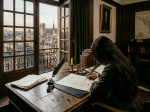 Wooden desk in a vintage study with books, quill, handwritten papers, and candle