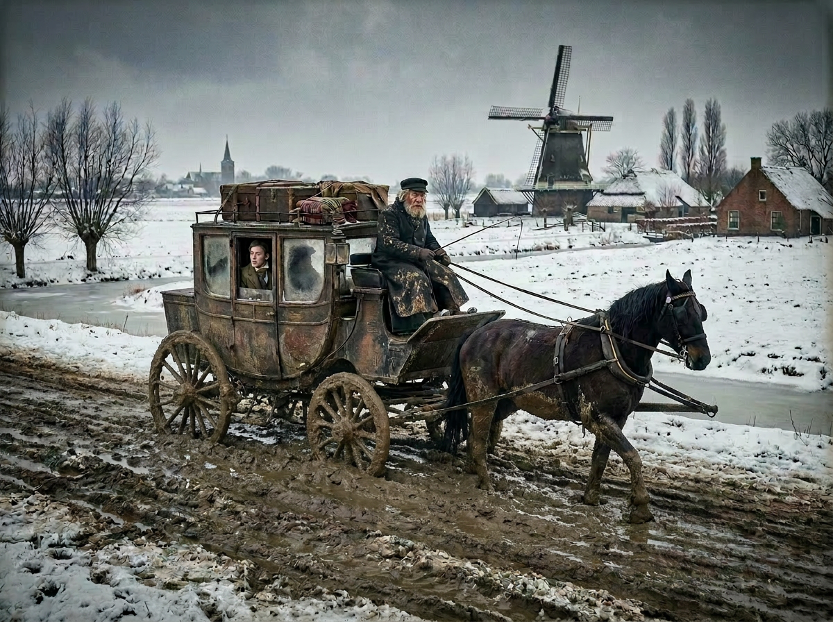 Historic winter horse-drawn carriage travel Horse-drawn carriage with passengers on snowy road near windmill