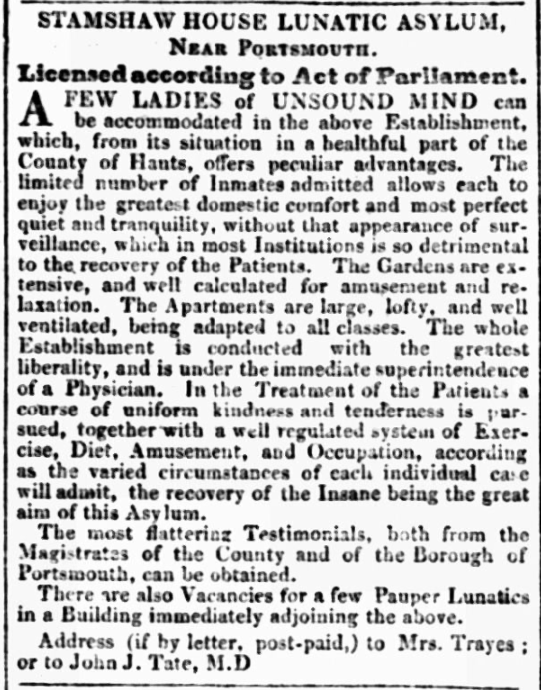 Advertisement describing Stamshaw House Lunatic Asylum near Portsmouth, detailing accommodations for unsound minds, treatment approach, and contact information