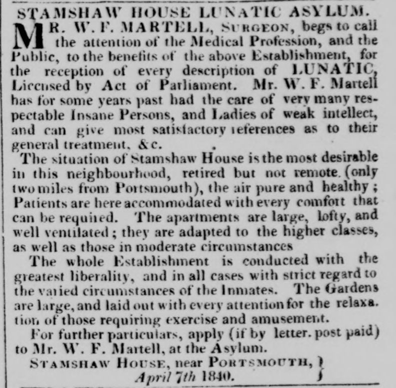 Advertisement describing Stamshaw House Lunatic Asylum near Portsmouth, detailing accommodations for unsound minds, treatment approach, and contact information