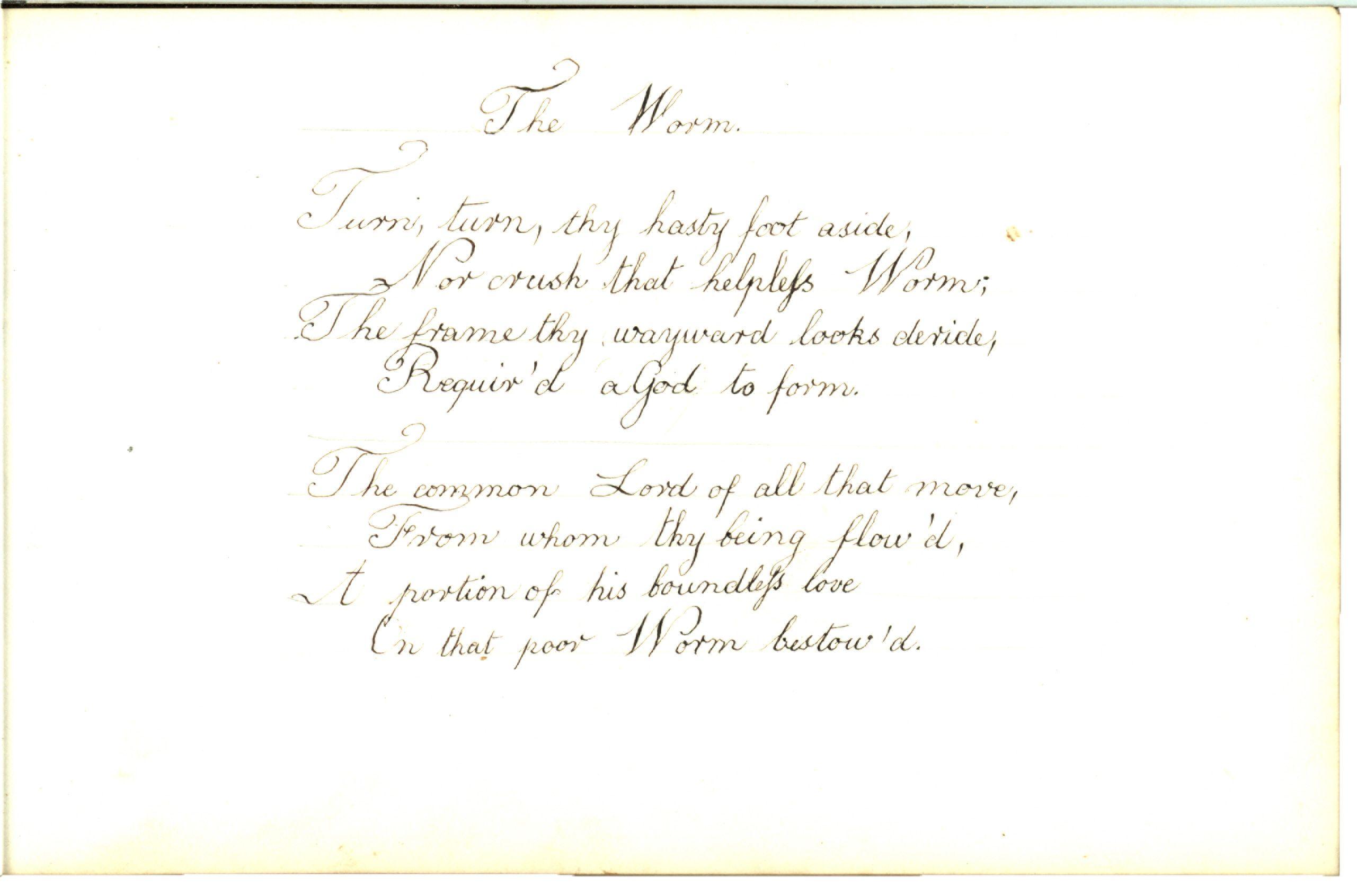 Photograph of a handwritten page in the 1837 Brevoort Commonplace Book by fourteen-year-old Laura of a poem titled The Worm with early 18th century style cursive writing