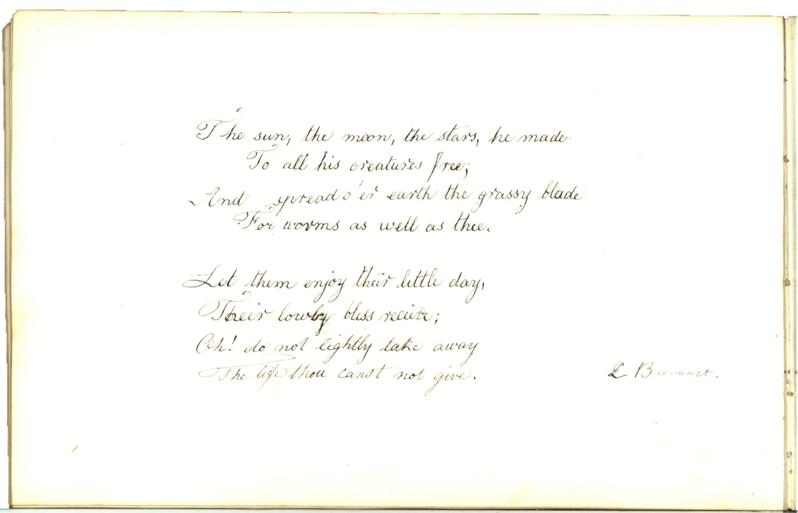 Photograph of a handwritten page in the 1837 Brevoort Commonplace Book by fourteen-year-old Laura of a poem titled The Worm with early 18th century style cursive writing