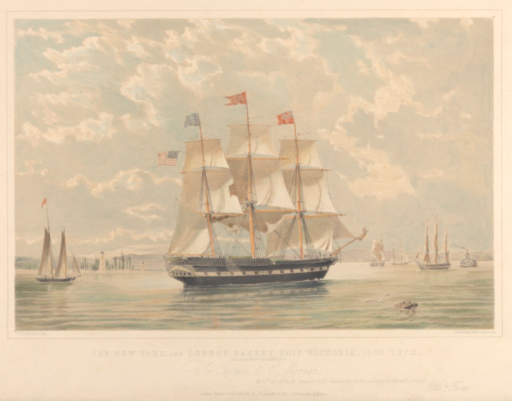 Sailing ship Victoria entering New York harbour with multiple flags and other ships in the background