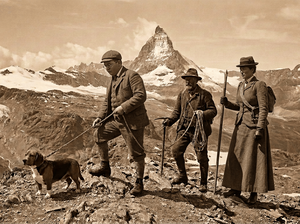 Three mountaineers and a dog crossing rocky terrain beneath the Matterhorn