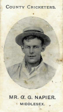 Taddy cigarette card portrait of Mr. G. G. Napier, a Middlesex county cricketer