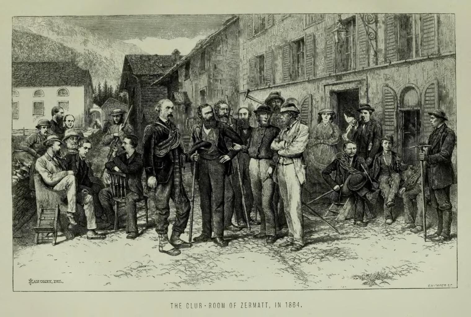 Engraving of mountaineers gathered outside the club room in Zermatt in 1864